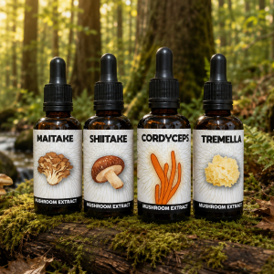 4 Duel extract tinctures: Cordyceps, Maitake, shiitake & Tremella highest ratio at 1:1